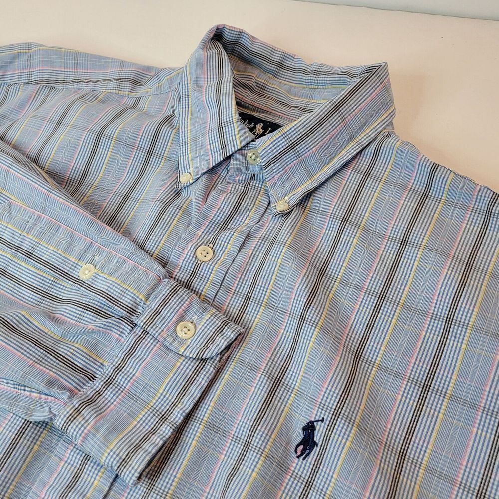 Ralph Lauren Blake Button Down Shirt‎ Mens LG Blue Plaid Cotton Good Long Sleeve
